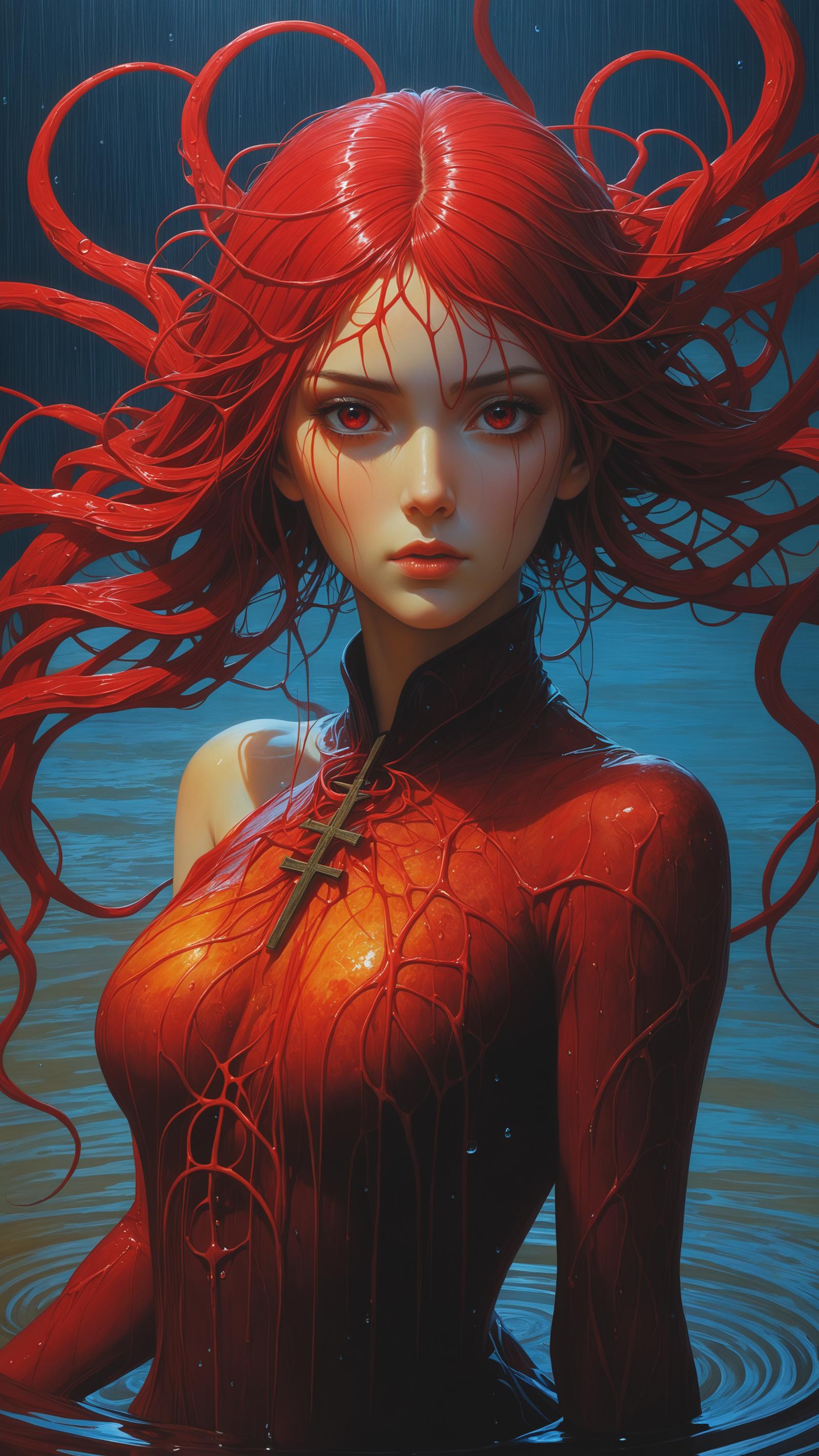 Anime-style painting of a woman with red hair and red clothing, wearing a cross around her neck.