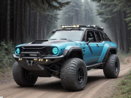 cyberpunk (((off road muscle car zeekars))), wide tires, in a forest, <lora:zeekars:0.65>, (diesels punk)