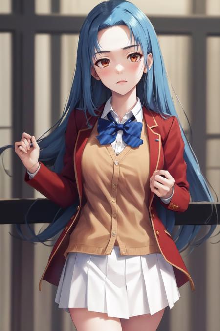 masterpiece, best quality, highres, 1girl haruka hasebe blue hair, school uniform white skirt white skirt red jacket orange vest blue bowtie <lora:haruka_hasebe:1>