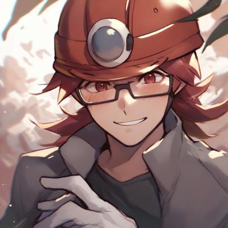 1boy, red hair, red eyes, medium hair, glasses red headwear, helmet grey jacket, black shirt, sleeveless, grey pants, white gloves black footwear, boots