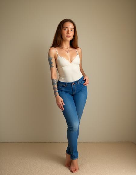 (freckles:1.2),brown eyes,necklace,tattoo,(face freckles:1.2),full body,jeans,