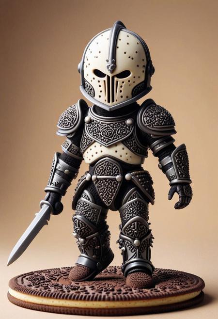 8K analog photo, from below, a chibi Medieval knight, creamy cookies futuristic gothic plate armour bodysuit, full body, Walking toward camera, walking, simple background,