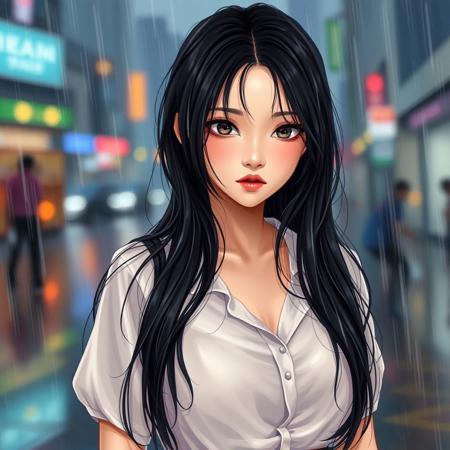 score_9, score_8_up, (high quality), highly detaily ,  Expressiveh, solo, beautiful, 1 girl, Asian, wet, a girl on the (street) on a rainy day, loose hair, black hair, bright dark eyes,  glossy lips, wet clothes, (big breasts), perfect body,  wearing a blouse and pants