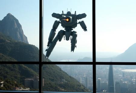 view through a panorama window wall, overlooking the edge of a modern city against a hillside landscape with a mountain peak on either side, 
between the mountains on the hazy horizon stands an omnious mecha reminiscent of the jaeger model from the movie pacific rim, the mecha is in a dynamic movement pose, the mecha fires its shouldermounted laser cannon into the distance past the viewer