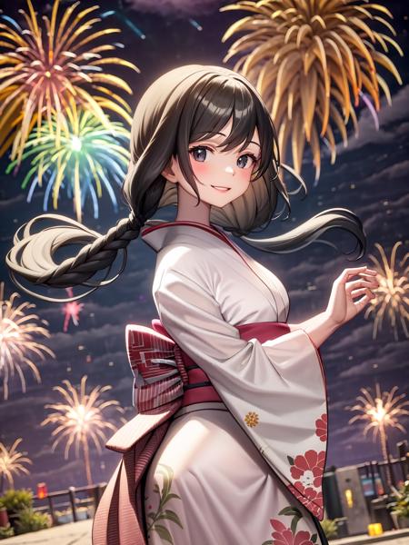 masterpiece, best quality, 1girl, solo, <lora:hin-5:1>, long hair, little smile, kimono, night, fireworks sky,