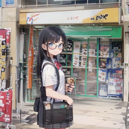 best quality, ultra-detailed, illustration,
1girl, glasses, black hair, long hair, school uniform, school bag, blush, looking at viewer,  
kamadoya, storefront, scenery, poster (object), shop, food, tiles, tile floor, outdoors, sign, 
 <lora:kamadoya_SD15_V1:1>