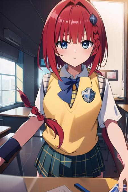 meakurosaki, <lyco:meakurosaki-LYCORIStest:1>,
mea kurosaki, ahoge, blue eyes, braid, hair intakes, hair ornament, long hair, red hair, hair braid,
BREAK green skirt, plaid, plaid skirt, sainan high school uniform, school uniform, skirt, shirt, white shirt, sweater vest, (yellow sweater vest:1.5),
BREAK looking at viewer,
BREAK indoors, classroom,
BREAK <lora:GoodHands-vanilla:1>, (masterpiece:1.2), best quality, high resolution, unity 8k wallpaper, (illustration:0.8), (beautiful detailed eyes:1.6), extremely detailed face, perfect lighting, extremely detailed CG, (perfect hands, perfect anatomy),