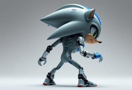 Create a highly detailed, hyper-realistic concept art image of a cyborg hedgehog in a sleek, streamlined design, with a focus on lifelike details and a golden ratio composition. The hedgehog should be depicted in a half-rear view, with an eyepatch and splotches of blue color. The image should be unclad and showcase the character's athletic build, inspired by Olympic athletes. The style should be reminiscent of Alphonse Mucha, with smooth, flowing lines and a sense of dynamic movement. The image should be rendered in high definition (HD) with micro details and a filmic quality, using software such as Unreal Engine or Cinema 4D. The desired mood is one of futuristic intensity and athleticism.