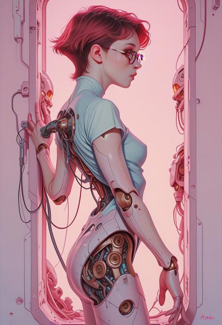 cinematic shot, strong backlighting, ethereal vibes,
 0010011_illu,  ArsMJStyle, Colored pencil hyperdetailed realism, masterpiece, very awa, amazing quality, best quality, 
creative concept, very aesthetic, (digital painting artwork,:0.5) 
1girl, tomie kawakami, solo, full body, short hair, simple background, golden eyes, red hair, short twist hair, short sleeves, open clothes, from front, profile, glasses, robot, science fiction,  golden and silver background, cable, joints, robot joints, mechanical parts, pale blue and pale pink theme, cyberpunk, limited palette,