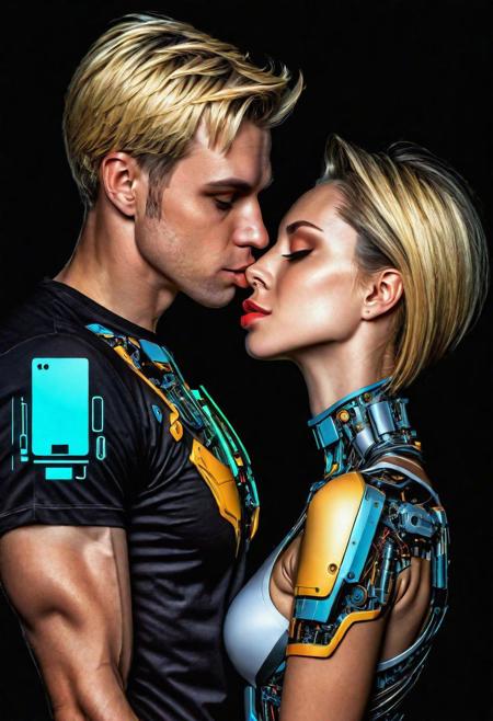 ( Ultradetailed desing T-Shirt square inside portrait woman and take only head Android man and kissing, Sci-Fi marc , 8k , tecnology detailed,chips, mechanism, beautiful neon colors , blonde and black hair, t-shirt desing:1.2)