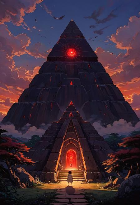 (studio ghibli drawing), (studio ghibli painting),best quality, masterpiece, extremely detailed,  professional  art,  professional painting, an extremely delicate and beautiful, dynamic,  great lighting, perfect shading, professional shading, depth of field,   side soft light, elegant, gorgeous, highly detailed,   full shot, uncropped,   pure genious, absolutely perfect,  highly detailed, breathtaking,  overlooking a menacing landscpae is a gigantic dark pyramid with ominous red glowing runes on its sides