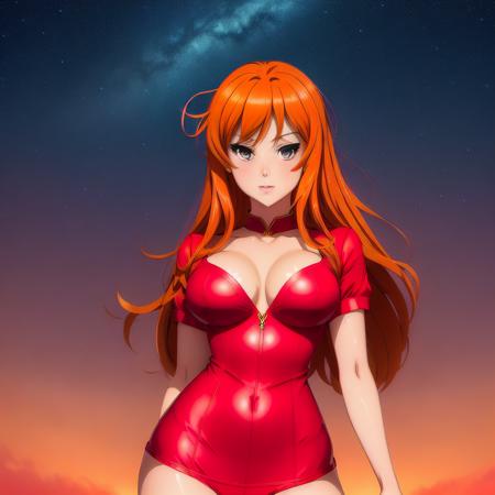 an anime of <lora:DBFixy:0.6>, beautiful, sexy, (beautiful face), sexual, legs prominent in frame, skimpy outfit, well made face, intense look, high res, 4k, red sexy outfit with gold plating, legs spread apart in sex pose, (red hair), award winning, original artwork, amazing, turn on, pretty face, beautiful eyes, lustful, adulteress, high quality face, high quality eyes, emotion, symmetrical eyes, pointed nose, thin lips, soft