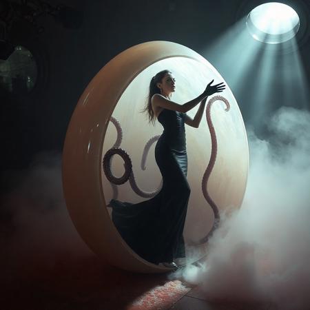 noble norvegian femme fatal lady  standing struggling with  tentacles holding her and pulling her inside  hole in giant transparent slime egg,  wearing evening GLOSSY THIN black slime live tentacles gown, GLOVES  and high heels, , surrounded by  weird fog from the floor, captured in light beam from celling,  alien breeding chamber,  , portholes to outer space,  ultrathin waisT, HORROR,  reminiscent of H.R. Giger, Zdzisław Beksinski, and Ash Thorp's dark, sleek styles, with close-up glamour photography, glossy satin and silver heels glistening, fleshy slime dripping, and dark shadows.