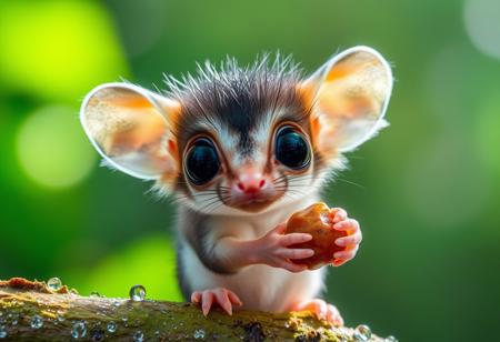 furry little translucent mammal in a rain forest zoomed in, rainbow of light reflection off dew, green and vivid colors, wild fog, large eyes, transparent body, invisible like a jelly fish, huge ears, cute, adorable, eating a nut, fungal hair, see through