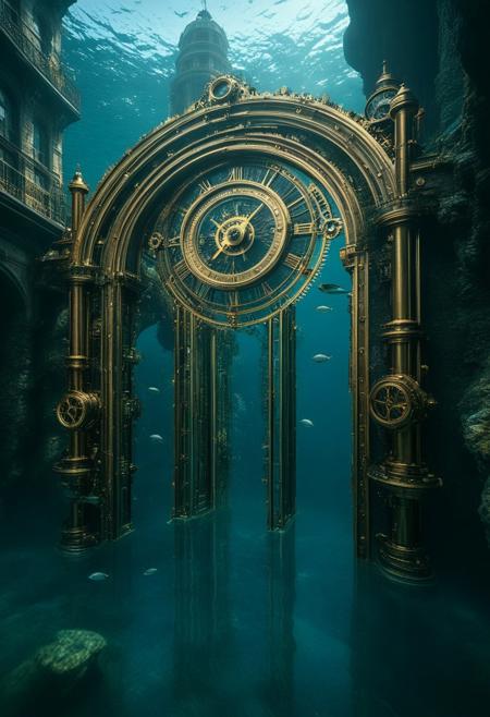 Underwater steampunk city, 8K, photorealistic, ((masterpiece, hyper-detailed)), crystalline waters, brass and copper structures, highres, ultra-sharp focus, A vast submerged metropolis of Victorian-era buildings and clockwork mechanisms. Design a minimalist logo inspired by the BTS logo. It features two vertical, symmetrical, sleek trapezoid shapes side by side, resembling doors that open toward the future. The words "NALOESIG BTS ARMY" on text completes the bts logo, The design should have a modern, polished, and simple aesthetic. Use a purple and metallic color palette, such as black, silver, purple and white. The shapes should look futuristic