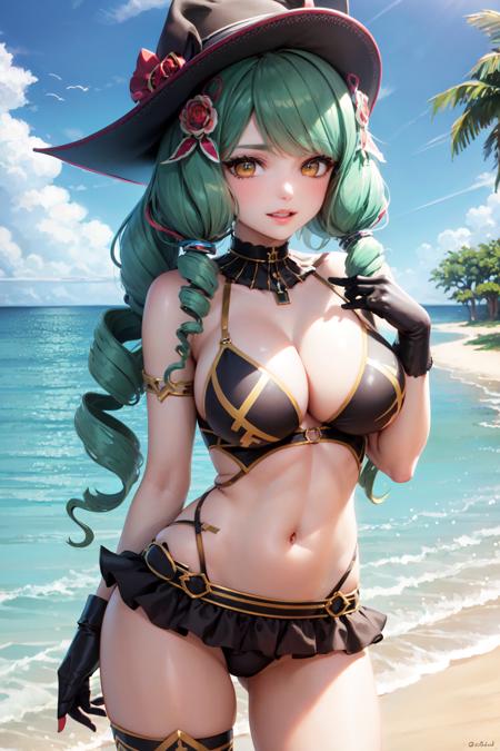 Fiore Brunelli,  drill hair,  green hair, long hair, ringlets, twin drills, bikini, <lora:Fiore_Brunelli-06:0.7>