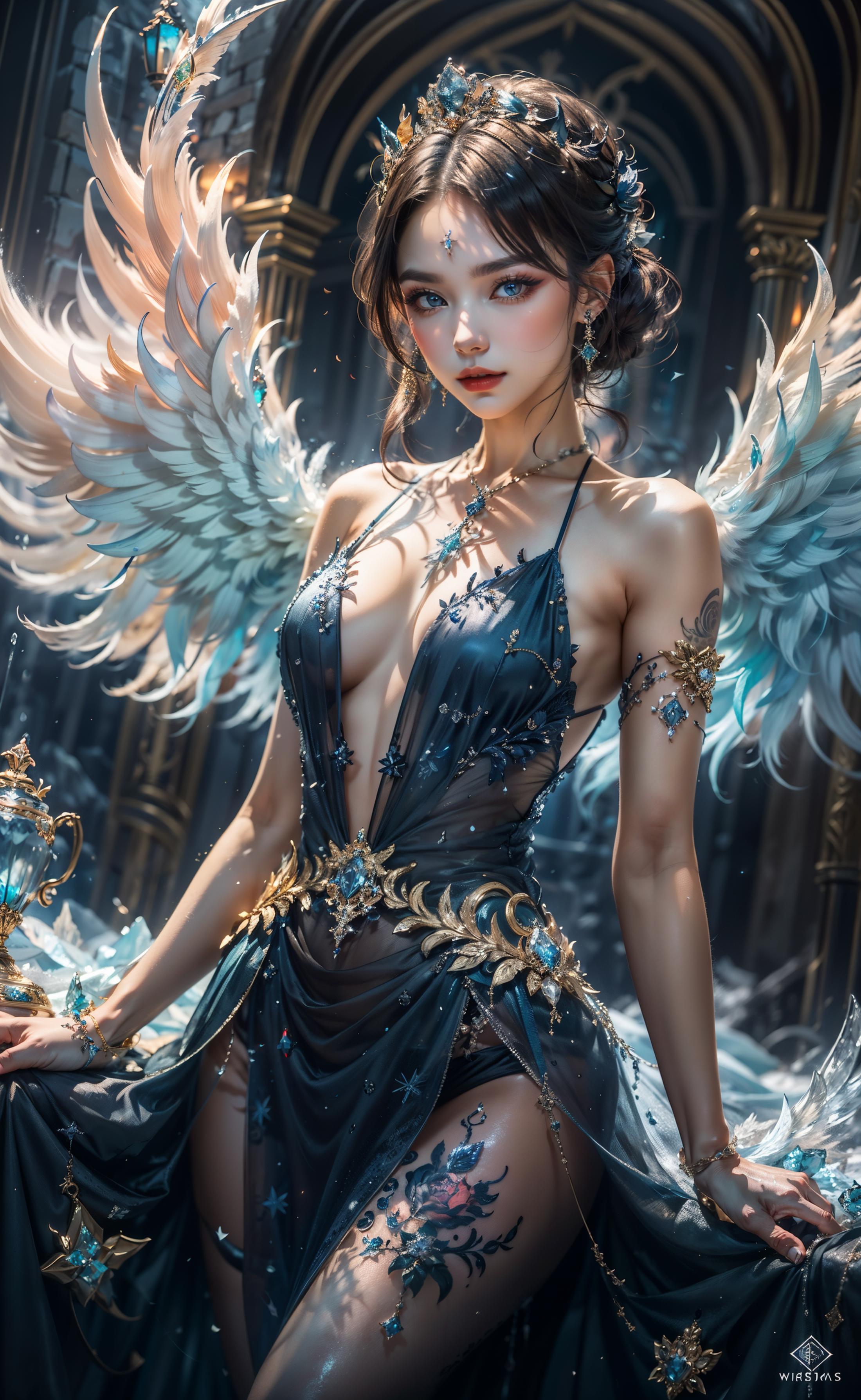 Anime-style digital art of a woman wearing a blue dress with wings and a necklace.