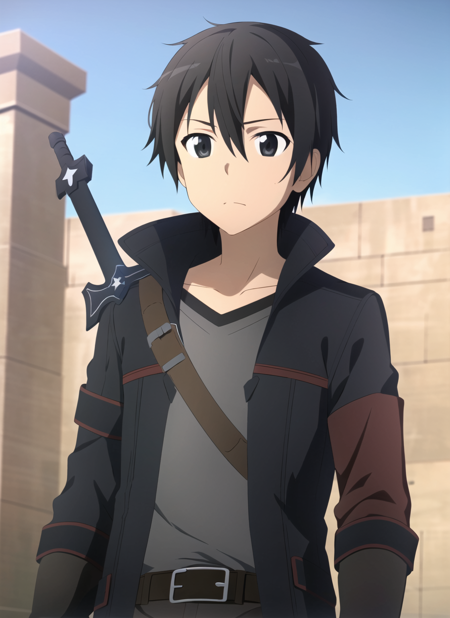 sao anime style <lora:sao_anime_style_offset:1>, kirito, 1boy, belt, black belt, black coat, black eyes, black gloves, black hair, black shirt, closed mouth, coat, fingerless gloves, gloves, high collar, long sleeves, looking away, male focus, open clothes, open coat, shirt, short hair, solo, sword on back, upper body, ((masterpiece))