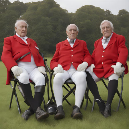 <lora:E54FD50CB2:1> three grandpas, 76 years old, big belly, looking stern, white breeches, white roeckl gloves, socks, spurs, red coat, shirt, plastron, sitting on a chair on a grass lawn in Yorkshire