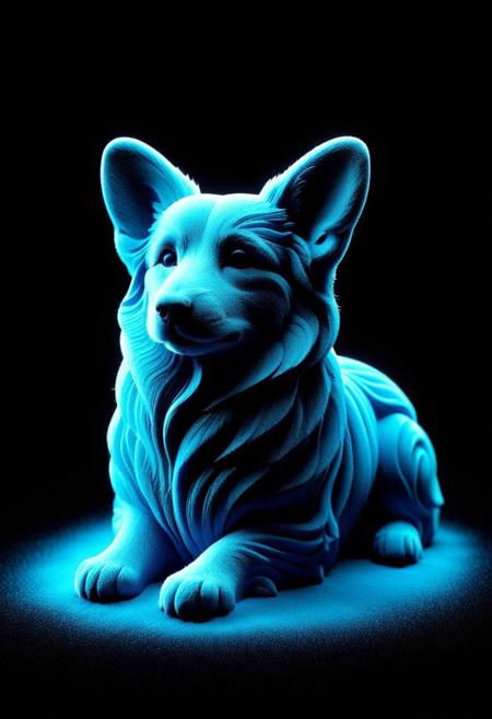 lazypos, sandswirl, A corgi puppy silhouette is outlined in blue lines like neon against a black background, embodying minimalism with an ethereal quality. The simple yet elegant design reveals the outline of the corgi only, emerging from the darkness. The minimalistic yet powerful design captures the animal's grace and mystery. High-contrast lighting highlights the depth and texture of each hair, with fine fur details creating an iconic image that is both striking and beautiful. minimalist style.