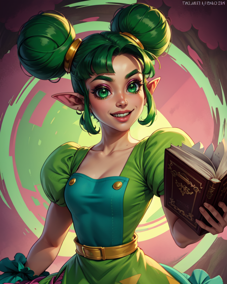 farore,pointy ears,green hair,double bun,green eyes,
green dress,pink pantyhose,puffy short sleeves,
upper body,smiling,
holding book,
(insanely detailed, beautiful detailed face, masterpiece, detailed eyes, best quality),<lora:farore-10ZD:0.7>,