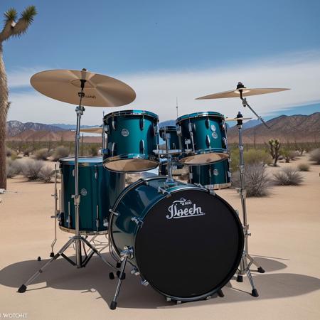 <lora:Drum Set 3:.8> photo of teal drum set in Joshua Tree National Park <lora:epiNoiseoffset_v2:1>