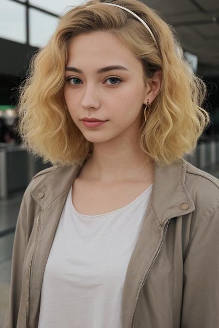 (18yo blonde hair girl:1.2), makeup,dress warmly, rouge, (choker:0.7), realistic skin texture, sakura park, softcore, warm lighting, cosy atmosphere, outdoor, (spring:1.1), A curvy woman, blonde short hair, jewelry, earrings, lips, bracelet, tiara, eyelashes, lipstick, wearing clothes, makeup, mascara, not show tits, piercing, not exposed breasts, wearing  jakcet, clothes, jacket, casual fashion , dress casually, standing in the airport, 
wearing a tiara, yellow hair, curly hair, curvy girl, chubby girl, <lora:nb 15 50-F:0.6>