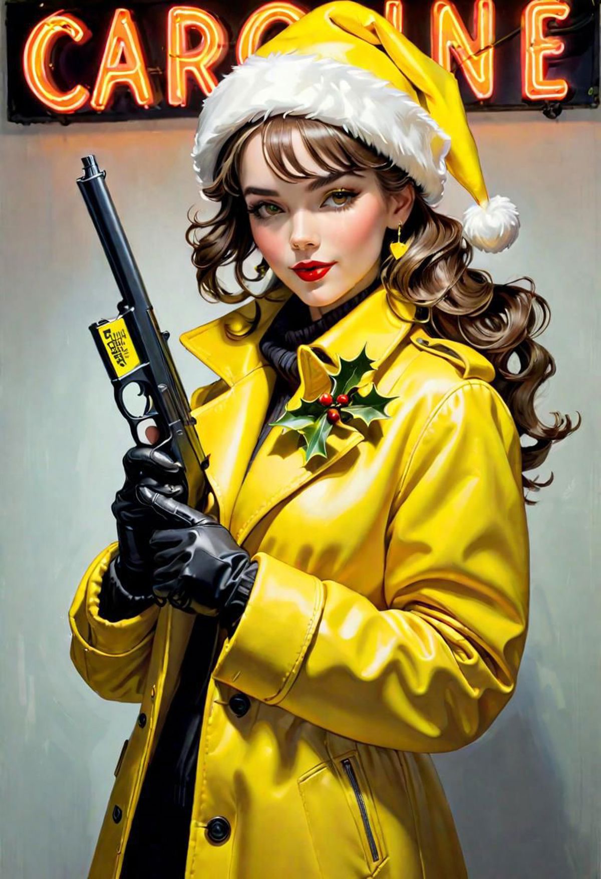 A painting of a woman wearing a yellow coat and a Santa hat holding a gun.