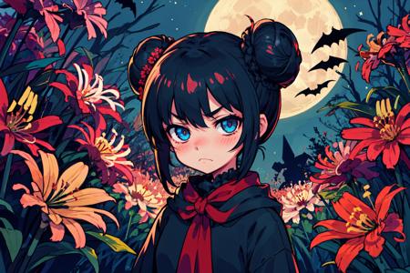 detailed background, masterpiece, best quality, mksks style, 1girl, short black hair, (hair buns:1.1), blue eyes, large eyes, blush, facing viewer, frown, sad depressed, scary, chibi, spooky, eerie, looking at viewer, outdoors, lycoris flower, spider lilies, red flowers, moon, star \(sky\), bat \(animal\),