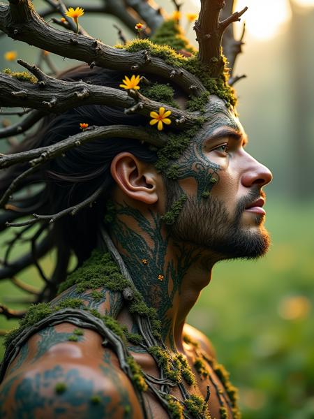 male focus, 2men, ultra realistic image of a male face grown into a tree, dry detailed branches with rough bark and many details, moss on the branches, 2men, shirtless, a delicate and beautiful male face with beautiful hair flying in the wind, the face is adorned with flowers and precious stones, the floor of the face has grown into a tree, ultra realistic image, masterpiece, work of art, 16k, detailed textures, ultra quality, RAW photo, rim light, grass, absorbing sunlight, male dryad, dynamic movement, realistic, masterpiece, intricate details, detailed background
