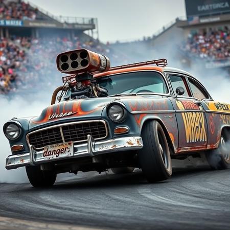 a demolition derby car a rugged, battle-ready appearance, built more for function than aesthetics. The car looks like a war machine on wheels, ready to take on the chaos of the derby arena, with a blend of strategic modifications and a hint of creative flair in its paint job. Its doing a curve, dramatic scene, front side street level view. Smoke from the tires. A backgrouns has a stadium crowd. The plate says "danger" and at the side there is a writing "wreck". A supercharger is over the hood