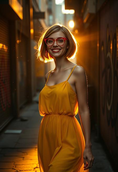 Prompt (FLUX style)
A slightly tall, petite woman with fair skin, short auburn bob hair, and playful red cat-eye glasses, walking confidently through a gritty urban alley at golden hour. She wears a short yellow sundress with spaghetti straps, made of a soft, slightly sheer fabric that catches the warm sunset light. Her figure is illuminated with perfect rim lighting, the sun forming a glowing outline around her shoulders and dress. Dust particles float in the air, backlit by long golden rays. The background is dark and urban, with cracked pavement, graffiti, and out-of-focus elements. Her expression is joyful and radiant, with cinematic lighting on her face, glowing skin, and light bouncing through her hair. The scene has strong color contrast, bokeh-rich depth, and a dreamy, editorial tone.
Style Tags:
photorealistic, FLUX model, cinematic lighting, golden hour, urban fashion, realistic skin texture, sunset rim light, dreamy bokeh, backlit dust particles, flowing fabric, slightly taller, vintage glasses, street fashion photography, analog tones
Negative Prompt (optional for Civitai):
blurry, cropped face, low resolution, bad hands, poorly lit face, overexposed, unnatural pose, cartoon, 3D, anime, distorted proportions