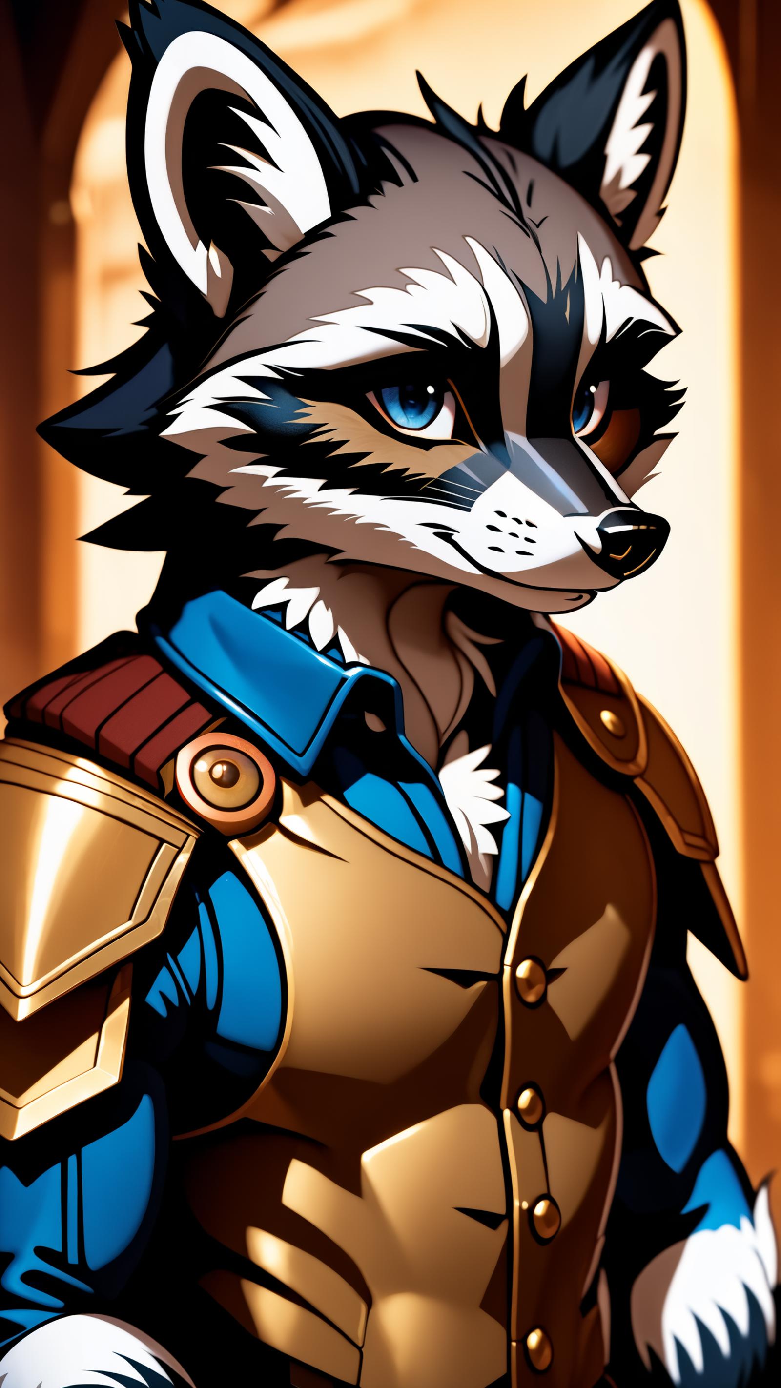 A cartoon raccoon in a blue shirt and vest.