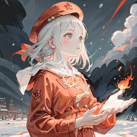 CCCPposter, soviet,red monochrome, (from_side), 1girl, solo, beautiful_face,(snow:1.2), (storm:1.2), tiny flame on her hands, looking_forward,(dark clouds),upper body,  <lora:sovietPioneers_sopiV10:0.75>, <lora:CCCPposter_v2.0_locon_noiseoffset_AdamW8bits:0.7>