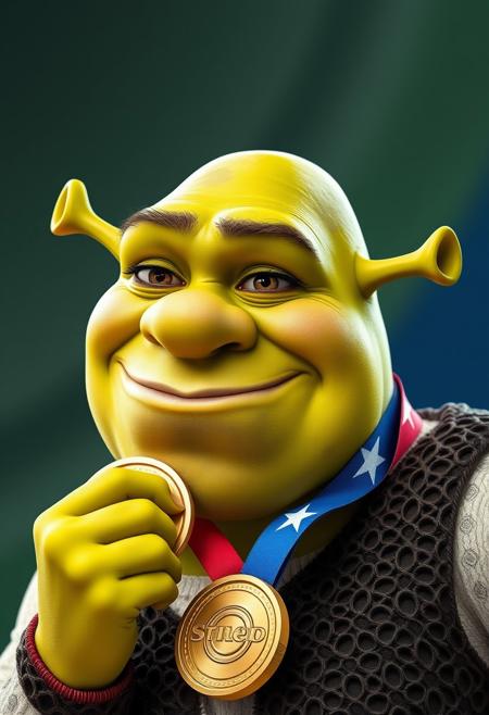 Shrek, in his iconic outfit, is celebrating the gold medal in the olympics. It's a close up shot of Shrek face, with a smile and some tears, he's looking towards the camera, as if posing for a picture, the gold medal close to his face.