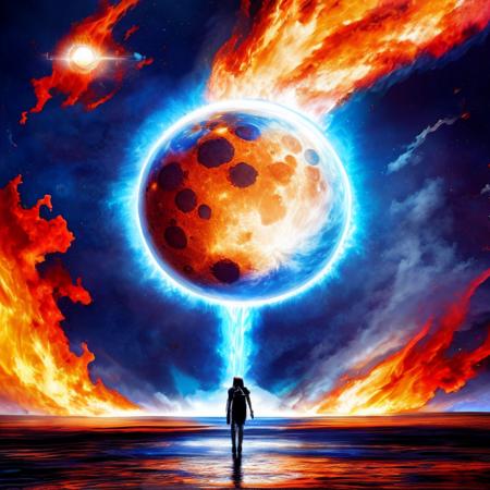 conceptual artwork of  moon   fire,  vivid colors, digital