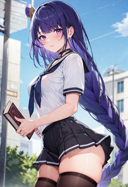 1girl, raiden shogun, skirt, solo, long hair, thighhighs, school uniform, braid, purple hair, outdoors, sailor collar, looking at viewer, pleated skirt, holding, braided ponytail, shirt, serafuku, white shirt, short sleeves, purple eyes, black sailor collar, black thighhighs, ribbon, black skirt, alternate costume, hair ornament, hair ribbon, book, bangs, power lines, very long hair, breasts, zettai ryouiki, holding book, neckerchief, choker, utility pole, black choker, cowboy shot, mole under eye, black necktie, mole, single braid, sky, parted lips, miniskirt, from side, thighs, day, (masterpiece,best quality)