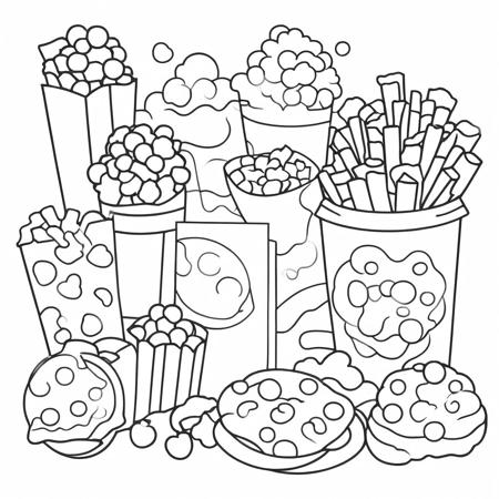 a set of black and white drawings of food and drinks, including popcorn, chips, crisp 8 k line art, hand drawn svg, line art colouring page, black and white vector art, clipart icon, minimalist line drawing, black and white vector, crisp vector line, minimal outlines, sticker design vector art, thick vector line art, vector line - art style, simple line art, minimalist line art, coloring book outline, lineart behance hd, clipart, vector style drawing, line vector art, snacks