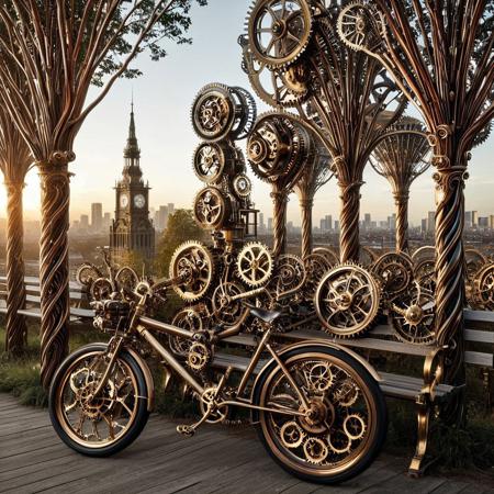 A surreal mechanical reimagining of a familiar world. Transform a natural or urban scene into a mesmerizing fusion of intricate gears, cogs, pistons, and brass filigree. Trees become elegant clockwork structures with branches made of polished bronze, their leaves ticking gently like watch hands. Buildings are clad in ornate riveted panels, with rotating turbines replacing windows. Even clouds swirl in spiraled gear-like patterns above a steampunk-inspired skyline. Everyday objects—lamps, bicycles, park benches—are reborn as artistic machines, delicate and precise. The world breathes with a rhythmic “tick-tock,” a living machine cloaked in elegance. Complex design, high detail, realistic materials (brass, copper, iron, worn steel), steampunk concept art, cinematic lighting, 4k resolution