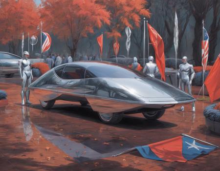 <lora:syme:0.6>syme, people, retrofuturistic car, shiny metallic, outside, leaves on ground, flags