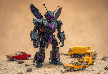 A highly detailed, 4K image showcases a Gimmick Puppet Magnet Doll robot standing proudly on a beige Fortress Whale's Oath. The robot, primarily black and purple, features a large Insect Armor with Laser Cannon Lev. 5 and a purple visor. Surrounding the robot are smaller junk cars and trucks, with a red car and yellow truck adding a pop of color. The intentional focus on the robot creates a captivating and balanced composition, with vivid emotions and harmonious colors.