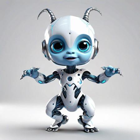A futuristic cyborg baby monster that dances gracefully. It embodies the fusion of technology and art with ballet-inspired movements and captivates the audience with its elegant performance. 2d is cute, happy, fantastic, dreamy, illustrative, 3d is three-dimensional, centralized, professional, smooth, modern, awesome. It has graphics, line art, and a white background.