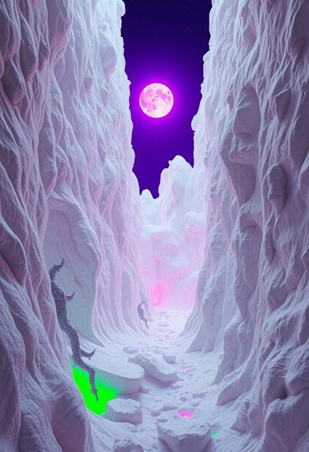 hyper detailed otherworldly landscape,white, ivory, high key, bright, alabaster strange, bizarre, odd, awkward, peculiar, weird, eerie, by Ryohei Hase and by Yoann Lossel,  excellent composition, finest details, maximized details, ultimate detail level, highest aesthetics, intense vibrant harmonic Bright Purple and Kelly Green glowing hue