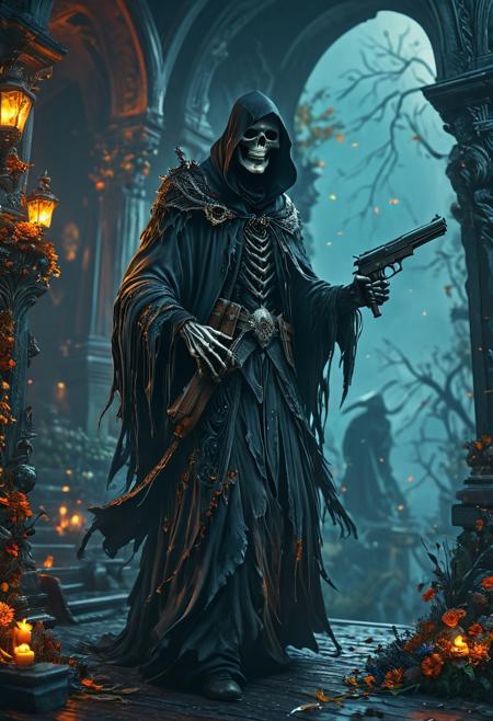 A menacing Grim Reaper wielding a pair of pistols. This intricately detailed matte painting showcases deep colors and a fantastical theme. With its striking splash screen design, the artwork skillfully employs complementary color schemes, immersing the viewer in a captivating fantasy concept. At an impressive 8k resolution, this masterpiece is making waves on Artstation and Unreal Engine 5 platforms.