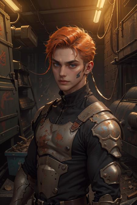 (Absurdres, Intricate Details, Masterpiece, Best Quality, High Resolution, 8k), (1man, thin adult vampire male:1.2),  blue eyes, orange hair, clean-shaven,, finely detail eyes and face, blonde undercut hair, black eyes, (style-rustmagic:1.0) portrait, solo, half shot, looking at viewer, detailed background, detailed face, (lora:RetroFuturismAI:0.6>, RetroFuturismAI, retro-futurism theme:1.1), rust-warrior, rusty armor, rusted iron,  (rusty:1.05), brown rust,  corroded, grungy, worn-out, dented,  made of rust,    stoic expression, dynamic pose, abandoned workshop in background, dark lighting, shadows,  cinematic atmosphere, renaissance, Depth of Field, VFX.