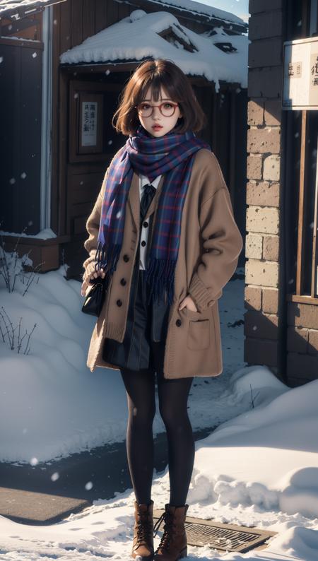 ((((ultra illustrated style:1.0)))),best quality,best animated,masterpiece,ray tracing, global illumination,Winter clothes scarf,1girl, solo, standing, looking at viewer, full body, outdoors,  <lora:Kuriyama Mirai harem outfit Winter clothes scarf track suit:0.8>