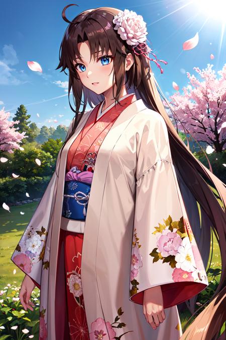 masterpiece, best quality, highres, hmshiki, very long hair, ahoge, hair flower, hair ornament, blue eyes, floral print, (layered clothes:1.2), haori, japanese clothes, <lora:ryougi_shiki_v1:0.7>, garden, petals, cowboy shot, standing,