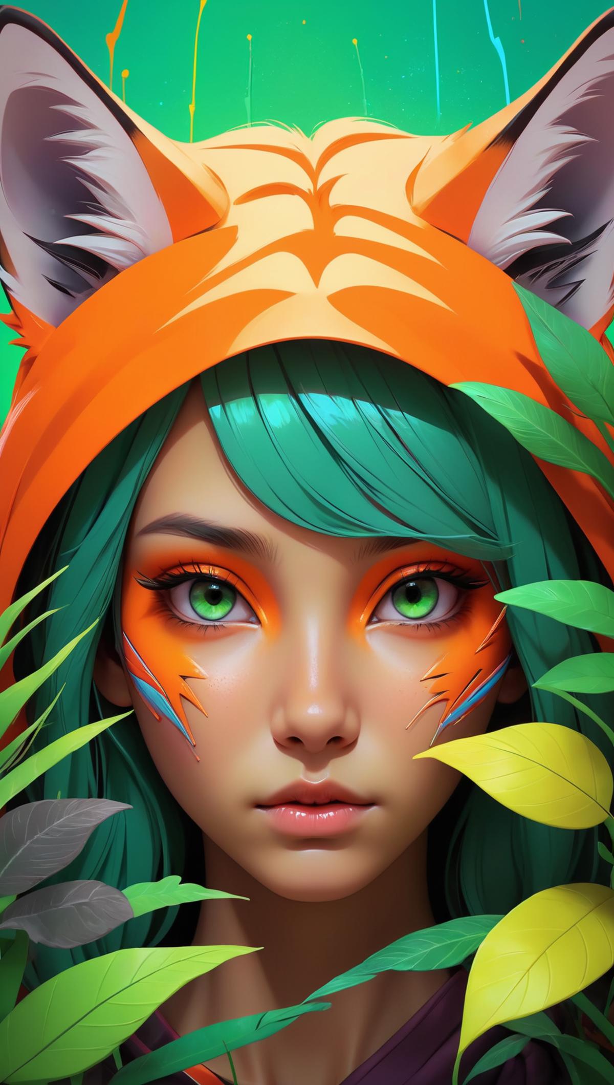 Face paint of a woman with green eyes and orange accents.