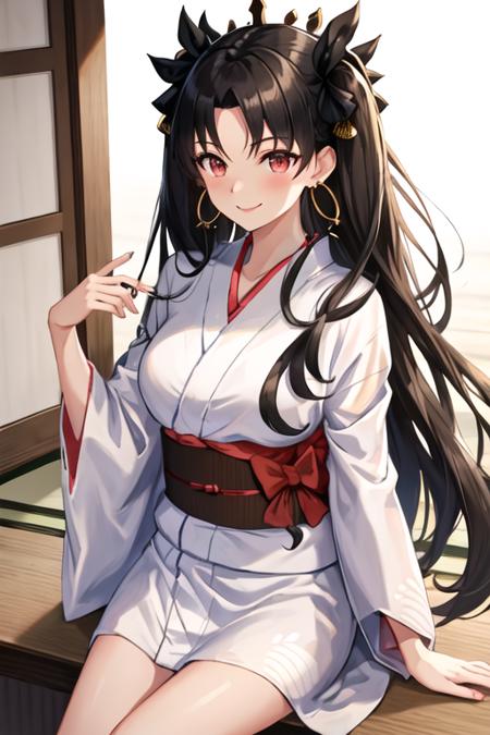 best quality, masterpiece, highres, solo, {yukata:1.40}, {kimono:1.20}, {ishtar_fgo:1.15}, long_hair, black_hair, two_side_up, red_eyes, jewelry, earrings, hoop_earrings, bangs, breasts, smile, ribbon, medium_breasts, parted_bangs, hair_ribbon, blush, hair_bow