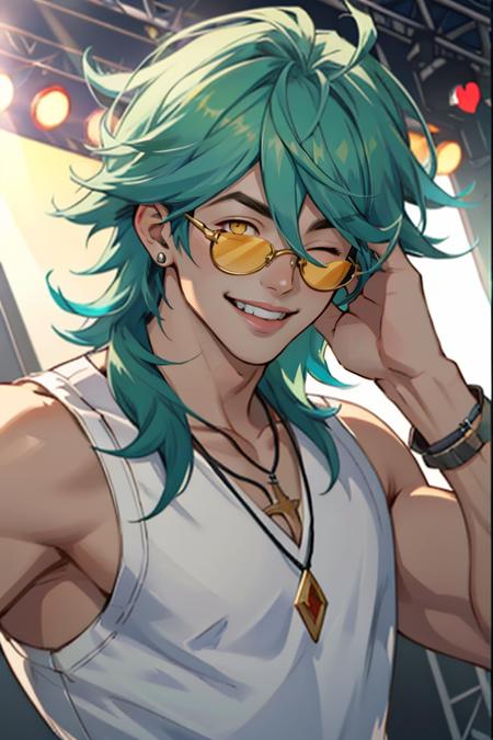 Ezreal_Heartsteel, solo, medium hair, looking at viewer, smile, shirt, 1boy, hair between eyes, jewelry, white shirt, male focus, heart, one eye closed, green hair, teeth, necklace, (yellow sunglasses), <lora:Ezreal_Heartsteel-03:1>, stage, sleeveless, one eye closed, tongue out, tongue, yellow eyes